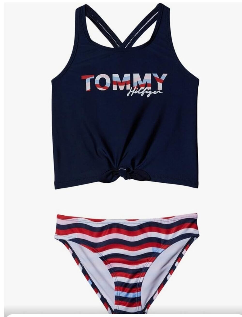 TOMMY HILFIGER Big Girls Logo Wave Print Tankini, 2 Piece Set M